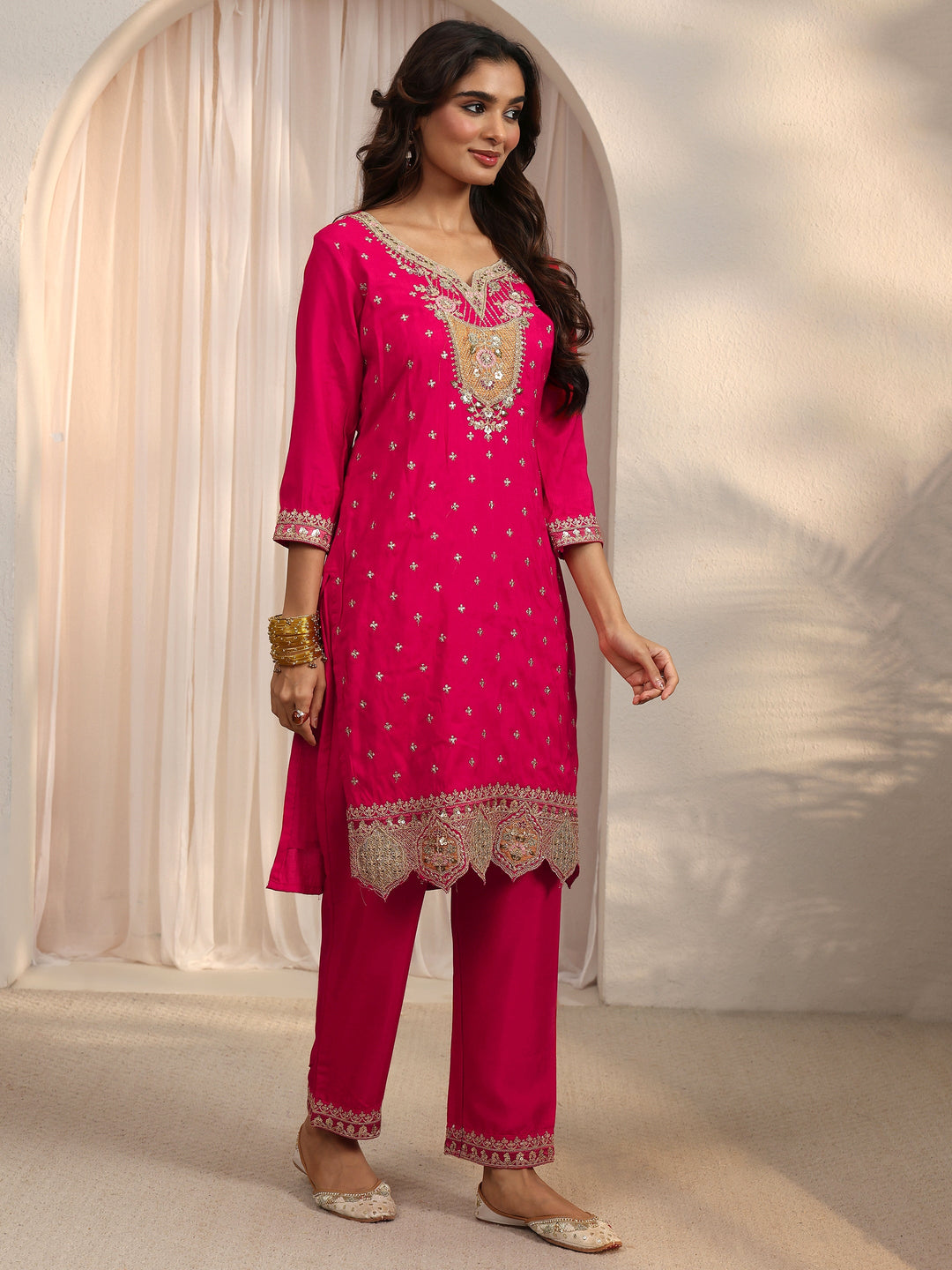Libas Pink Embroidered Silk Blend Straight Suit Set