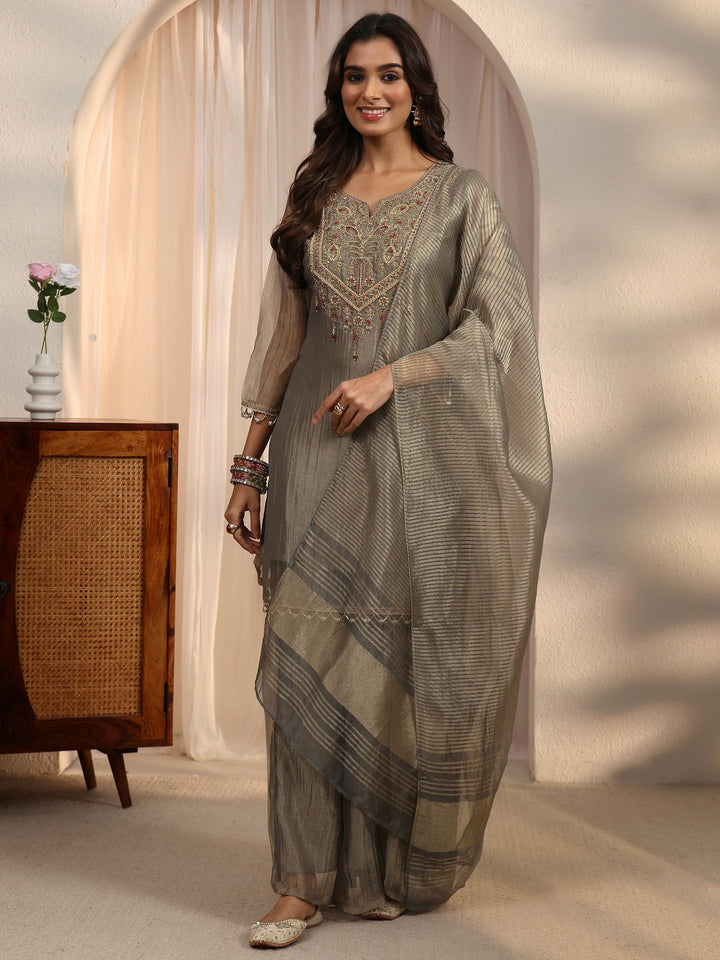 Libas Grey Yoke Design Embroidered Tissue Palazzo Suit Set