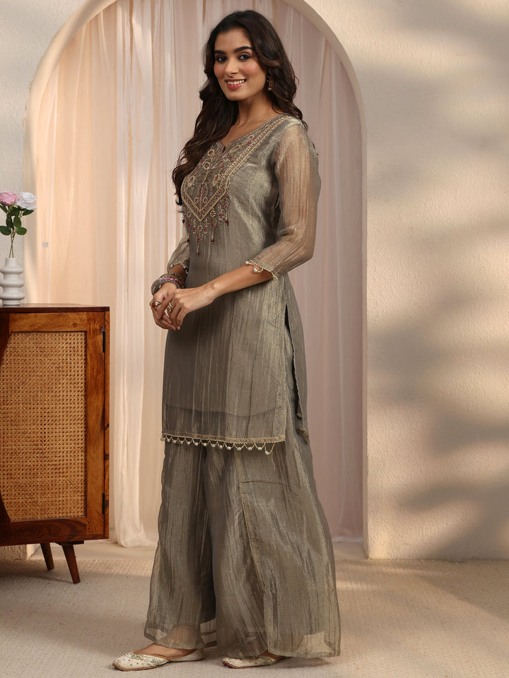 Libas Grey Yoke Design Embroidered Tissue Palazzo Suit Set