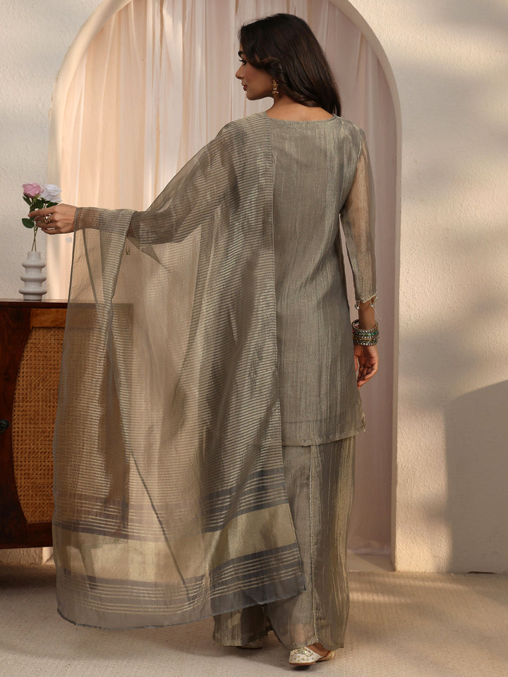 Libas Grey Yoke Design Embroidered Tissue Palazzo Suit Set