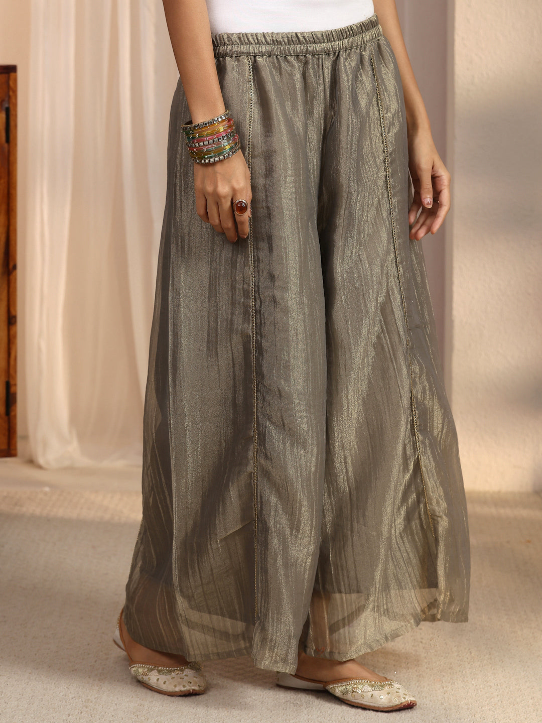 Libas Grey Yoke Design Embroidered Tissue Palazzo Suit Set