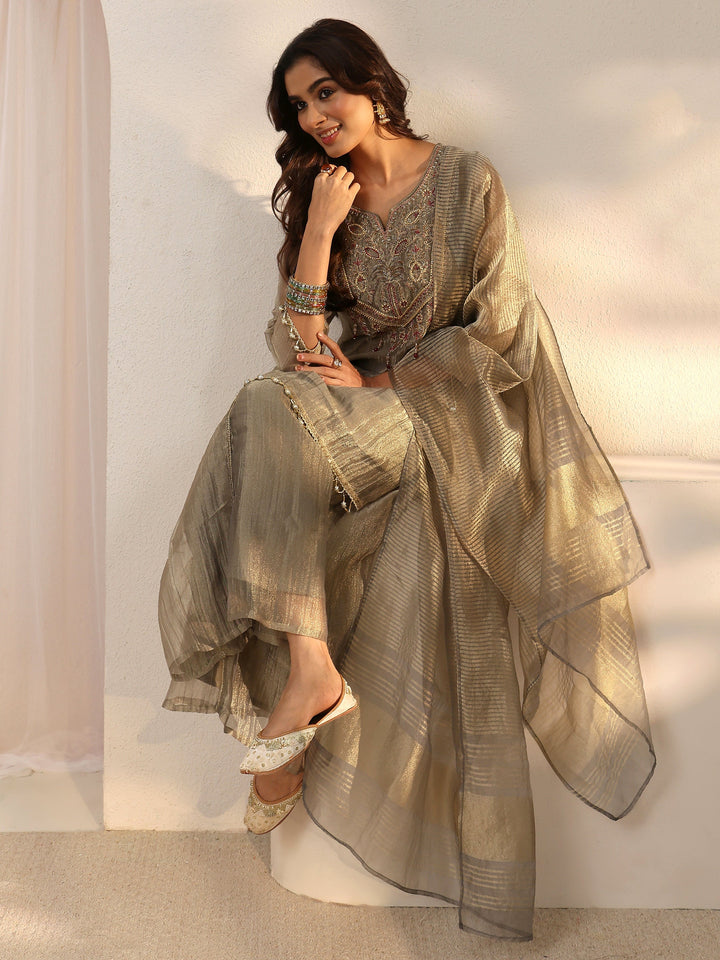 Libas Grey Yoke Design Embroidered Tissue Palazzo Suit Set