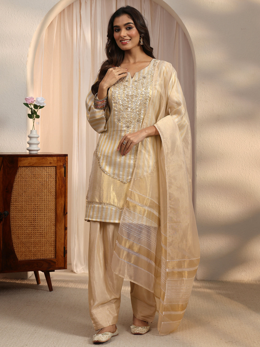 Libas Beige Embroidered Silk Blend Farshi Salwar Suit
