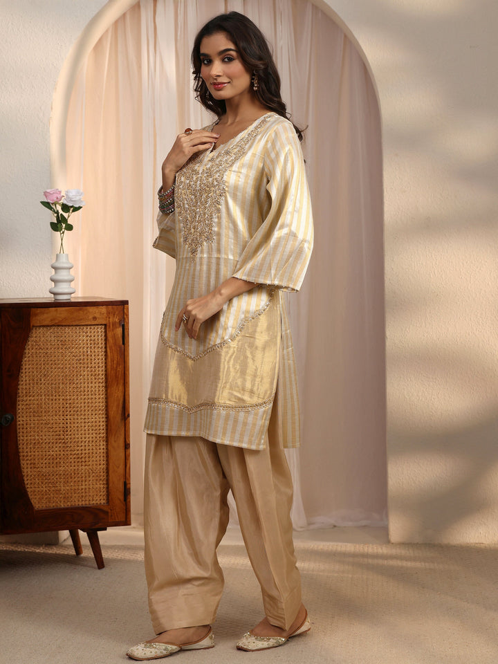 Libas Beige Embroidered Silk Blend Farshi Salwar Suit