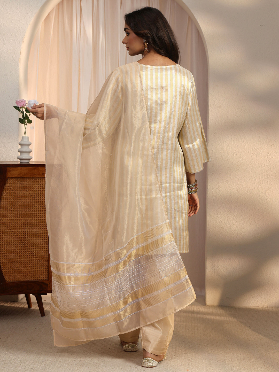 Libas Beige Embroidered Silk Blend Farshi Salwar Suit