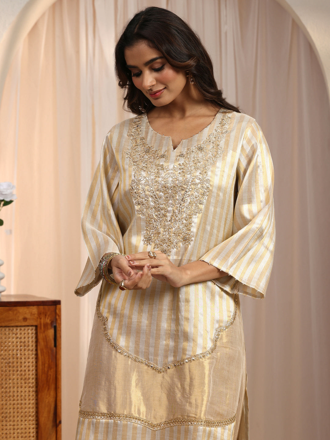 Libas Beige Embroidered Silk Blend Farshi Salwar Suit