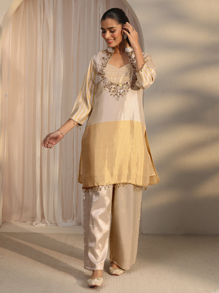 Libas Beige Yoke Design Embellished Silk Blend Co-Ord Set