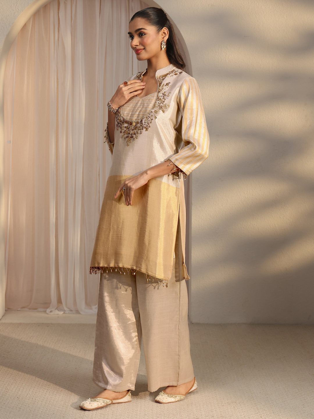 Libas Beige Yoke Design Embellished Silk Blend Co-Ord Set