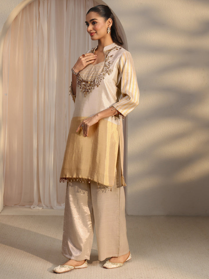 Libas Beige Yoke Design Embellished Silk Blend Co-Ord Set