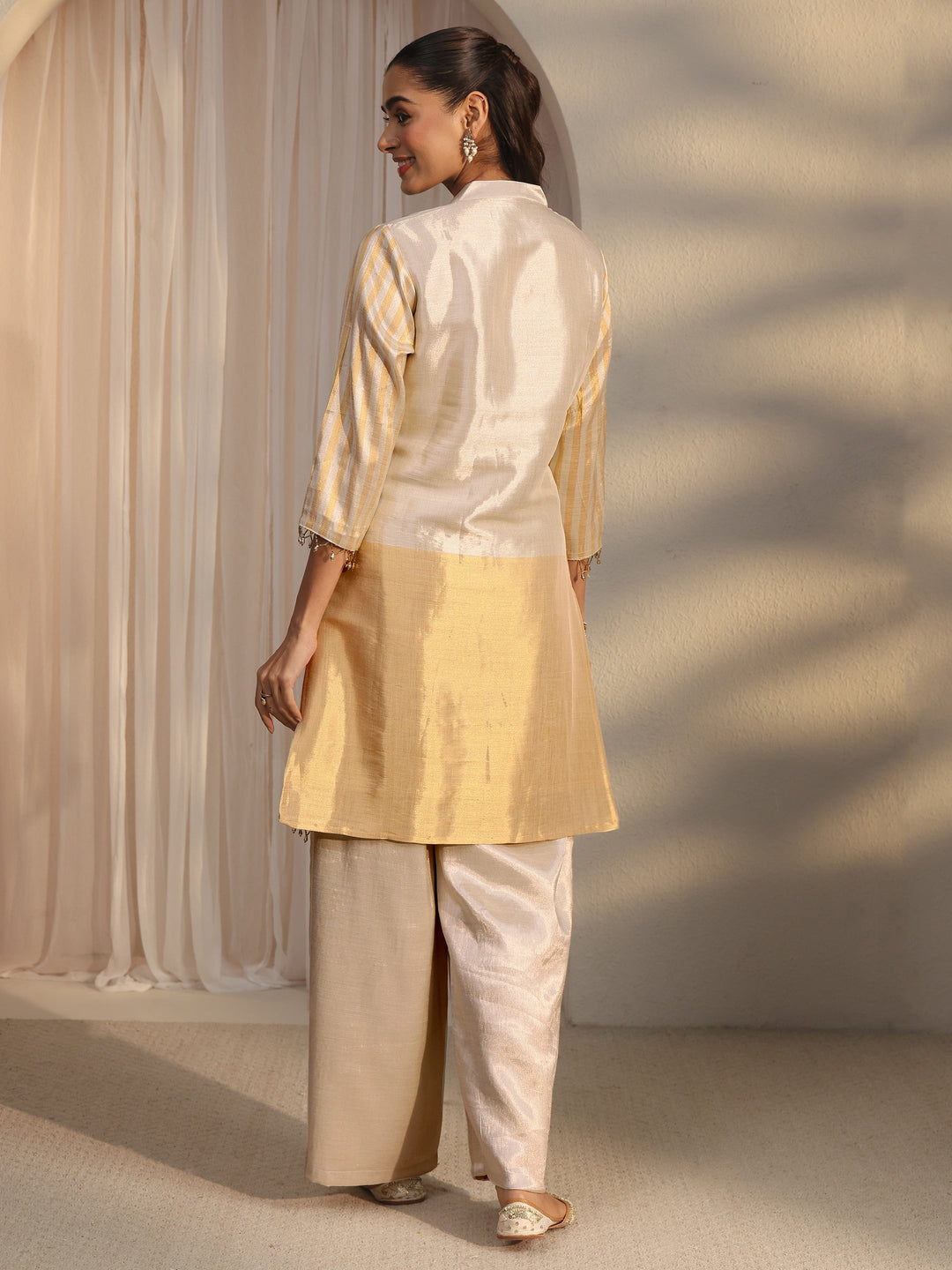 Libas Beige Yoke Design Embellished Silk Blend Co-Ord Set