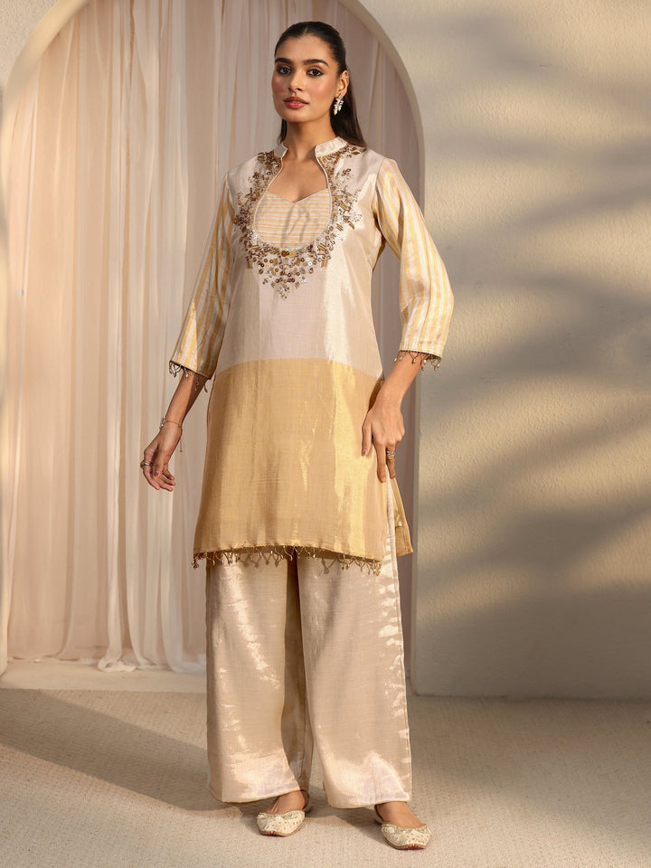 Libas Beige Yoke Design Embellished Silk Blend Co-Ord Set