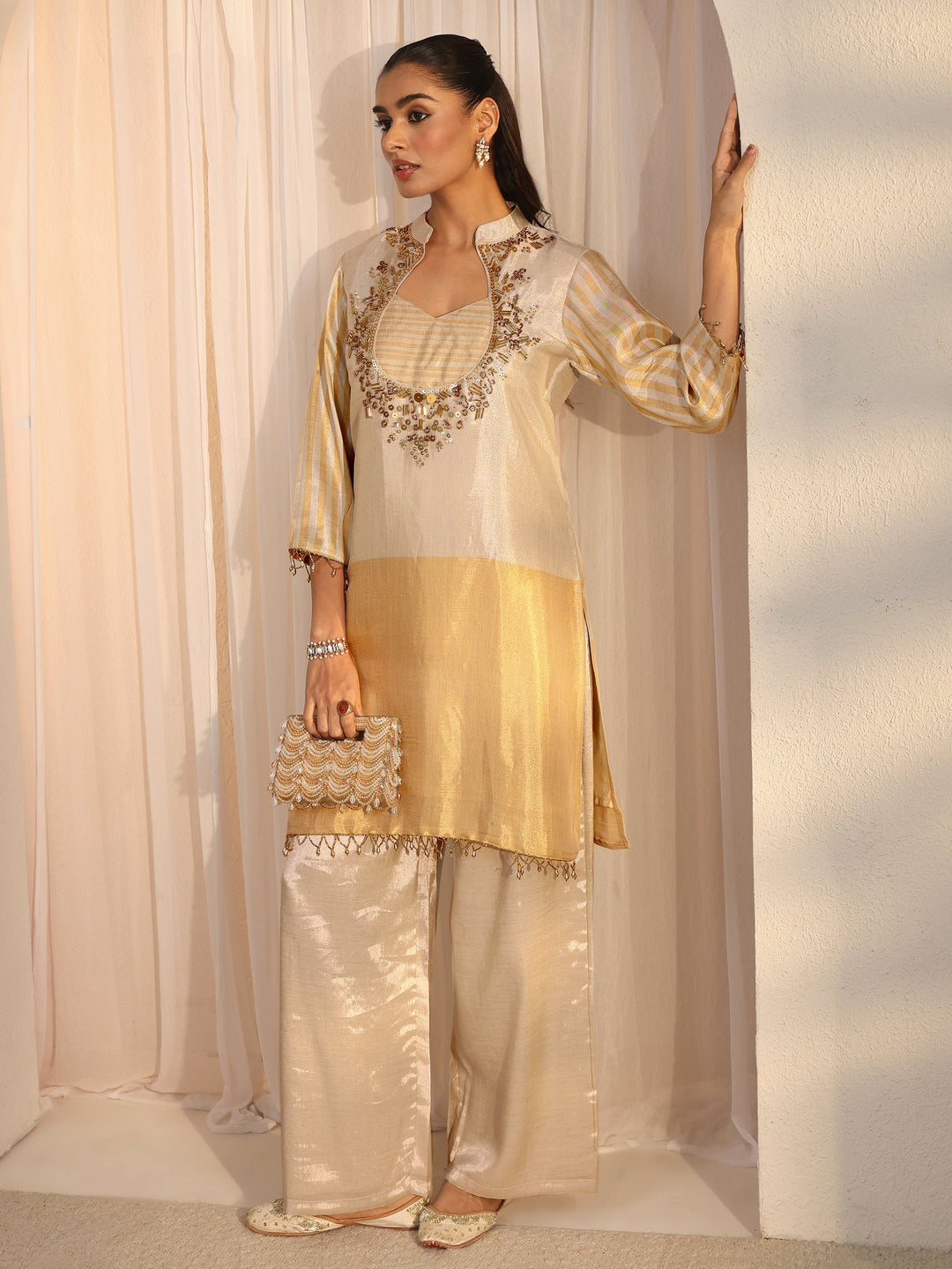 Libas Beige Yoke Design Embellished Silk Blend Co-Ord Set