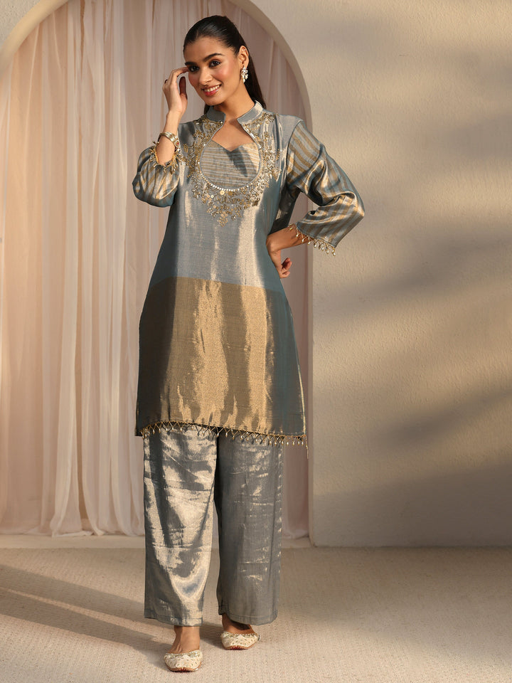 Libas Blue Yoke Design Embellished Silk Blend Co-Ord Set