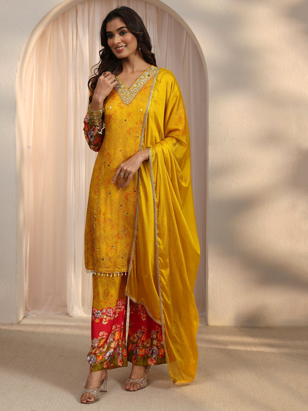 Libas Yellow Floral Woven Design Chinon A-Line Suit Set
