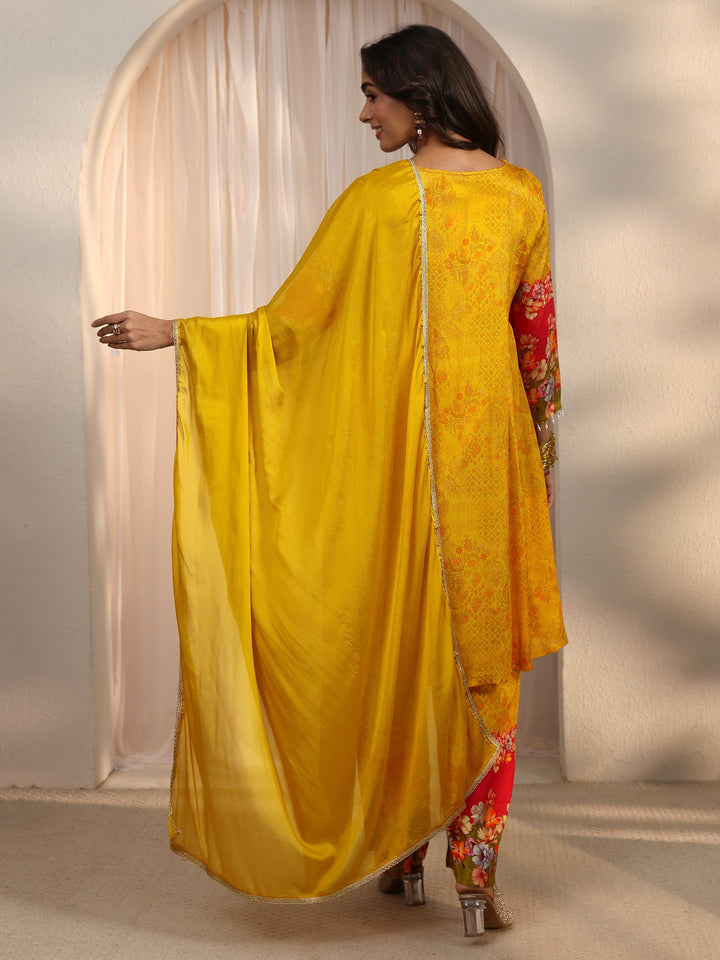 Libas Yellow Floral Woven Design Chinon A-Line Suit Set