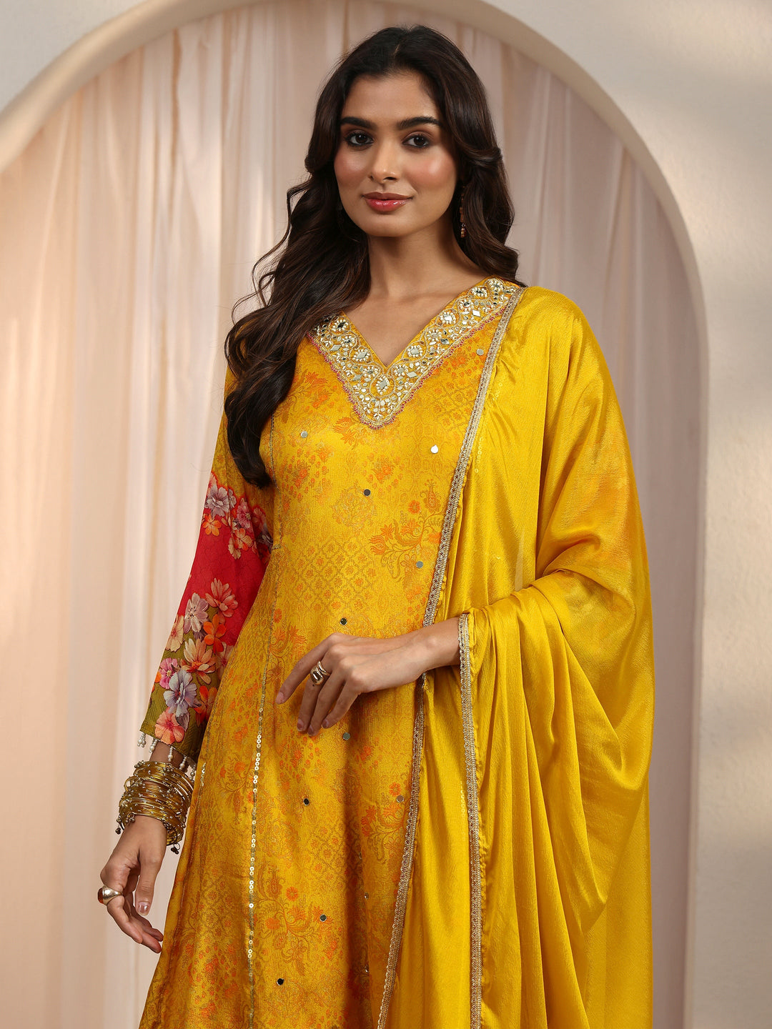 Libas Yellow Floral Woven Design Chinon A-Line Suit Set