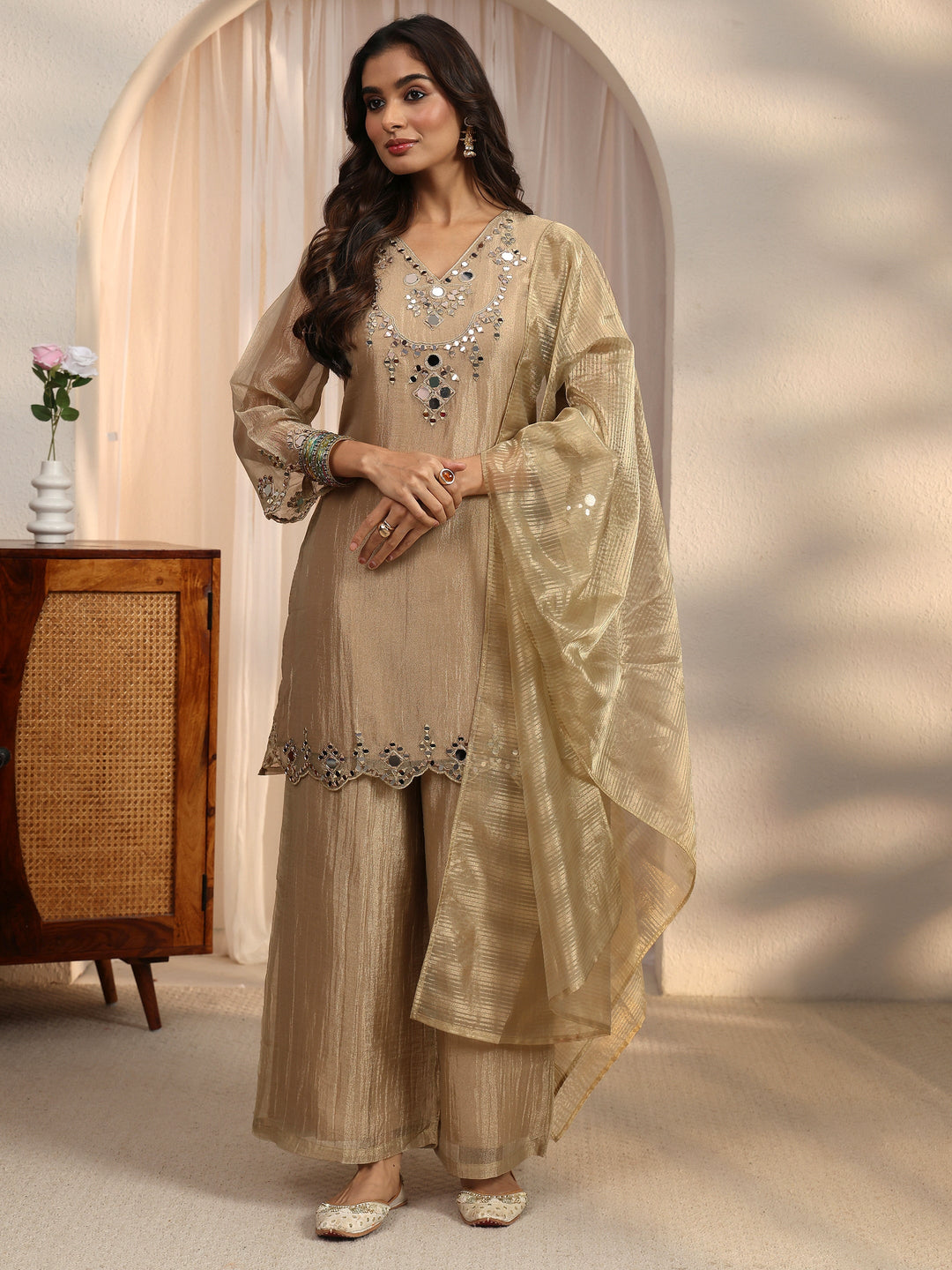 Libas Beige Mirror Work Embellished Tissue Palazzo Suit Set