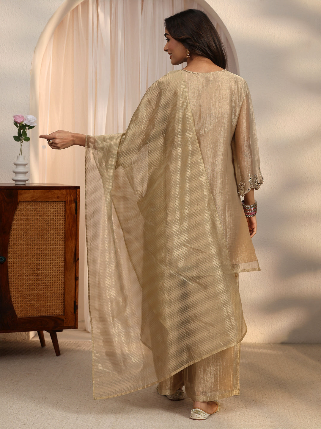 Libas Beige Mirror Work Embellished Tissue Palazzo Suit Set
