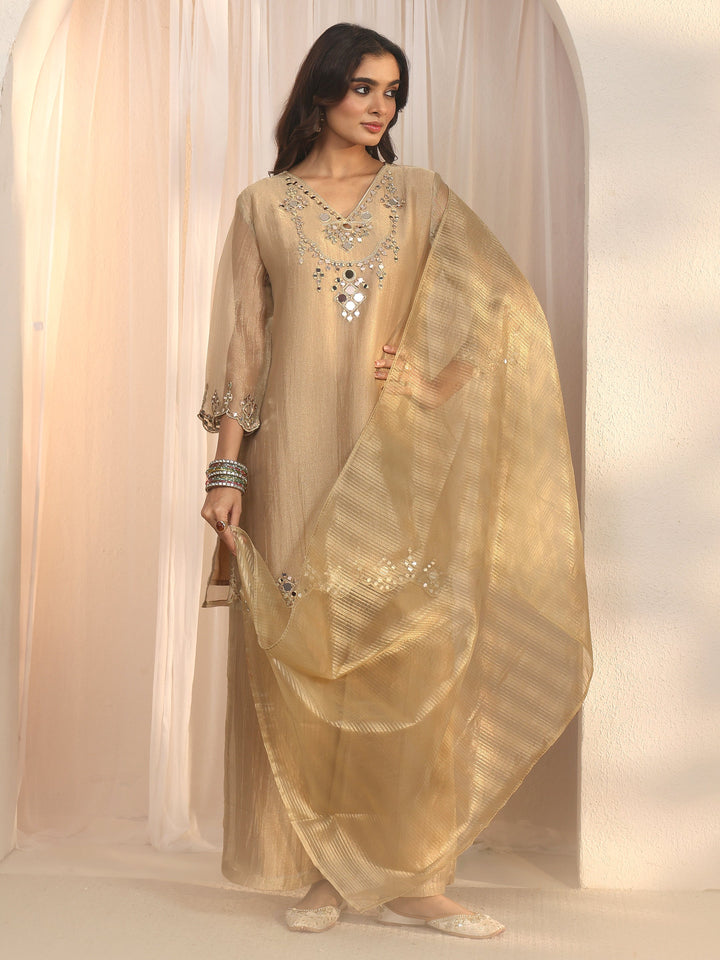 Libas Beige Mirror Work Embellished Tissue Palazzo Suit Set