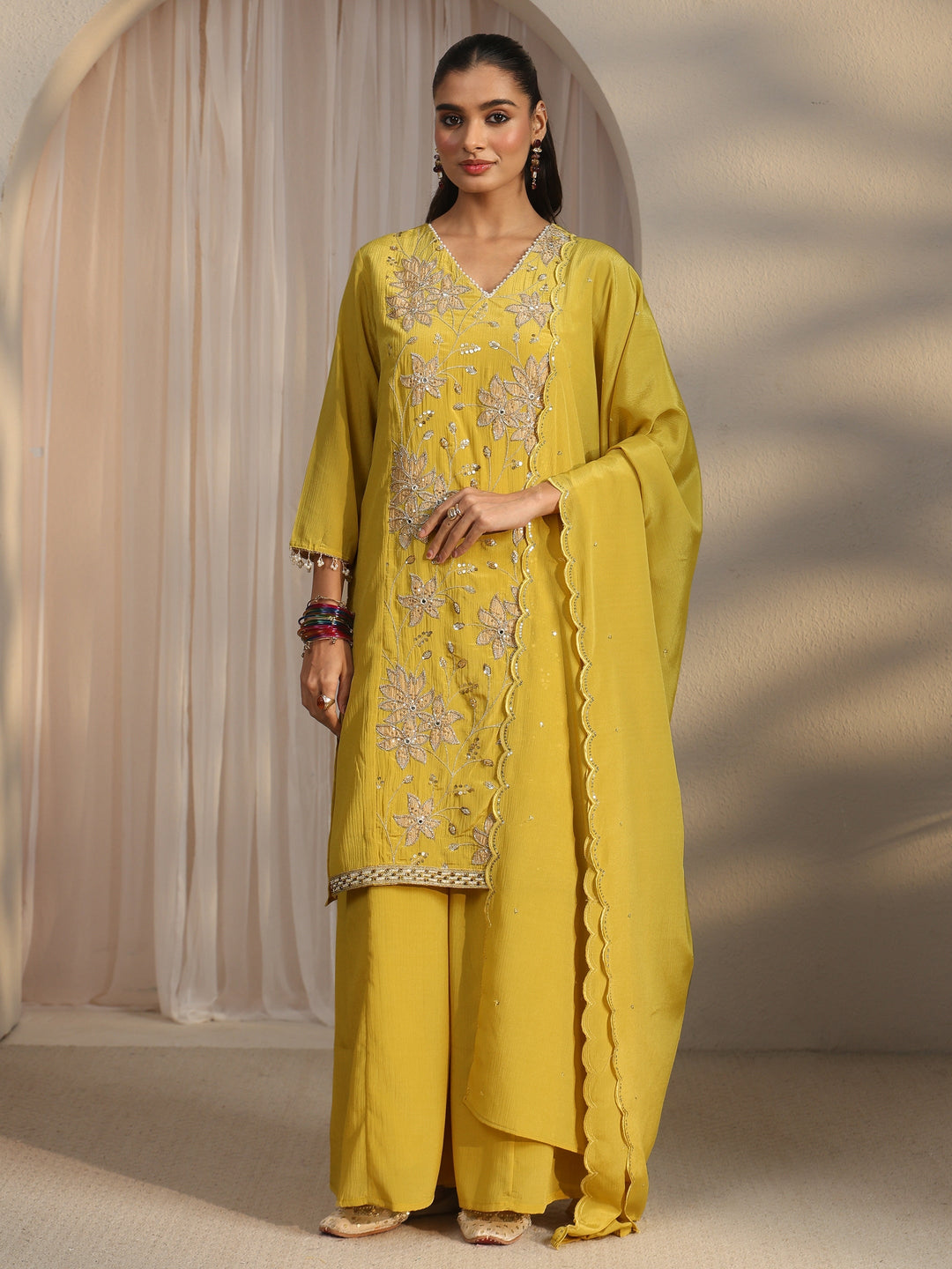 Libas Yellow Floral Embroidered Chinon Palazzo Suit Set