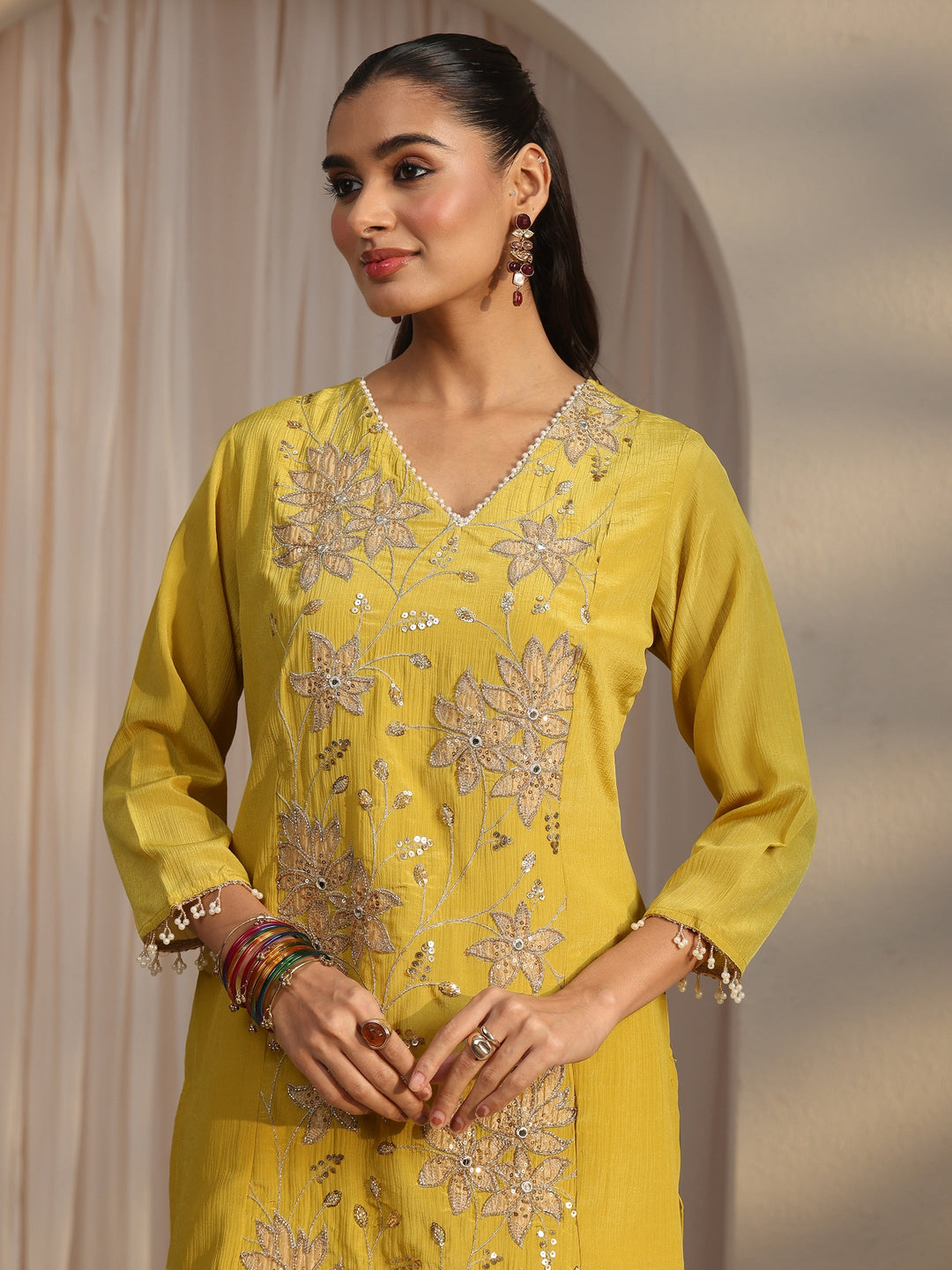 Libas Yellow Floral Embroidered Chinon Palazzo Suit Set