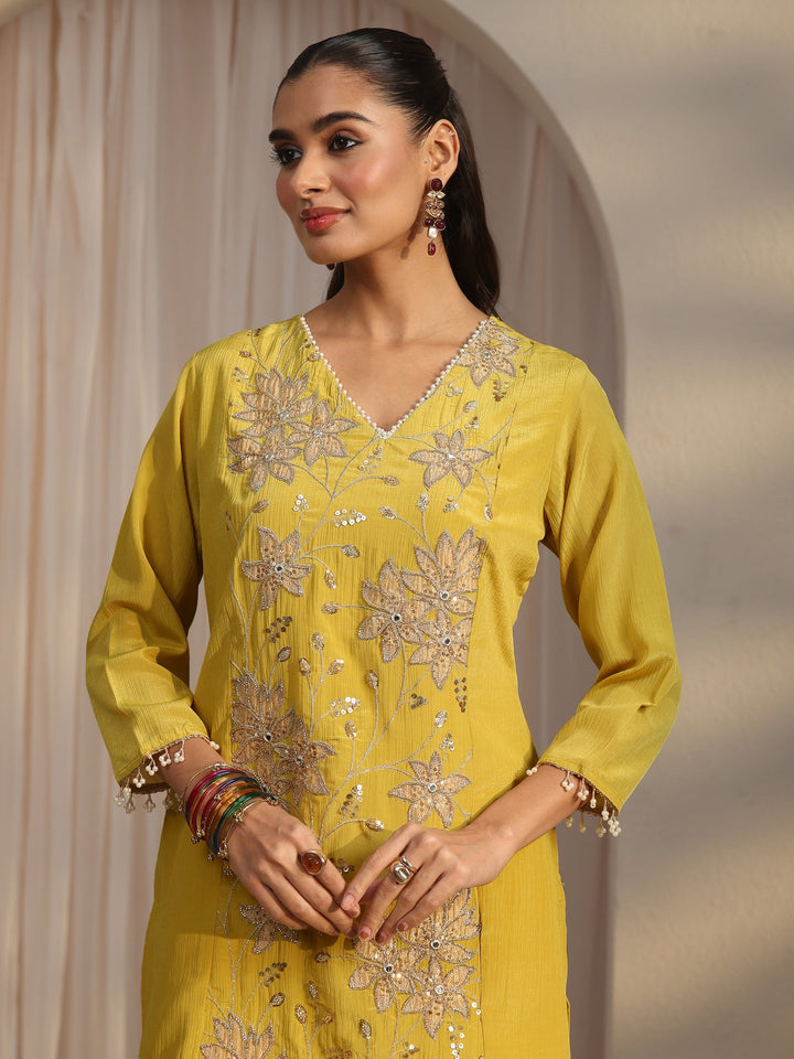 Libas Yellow Floral Embroidered Chinon Palazzo Suit Set