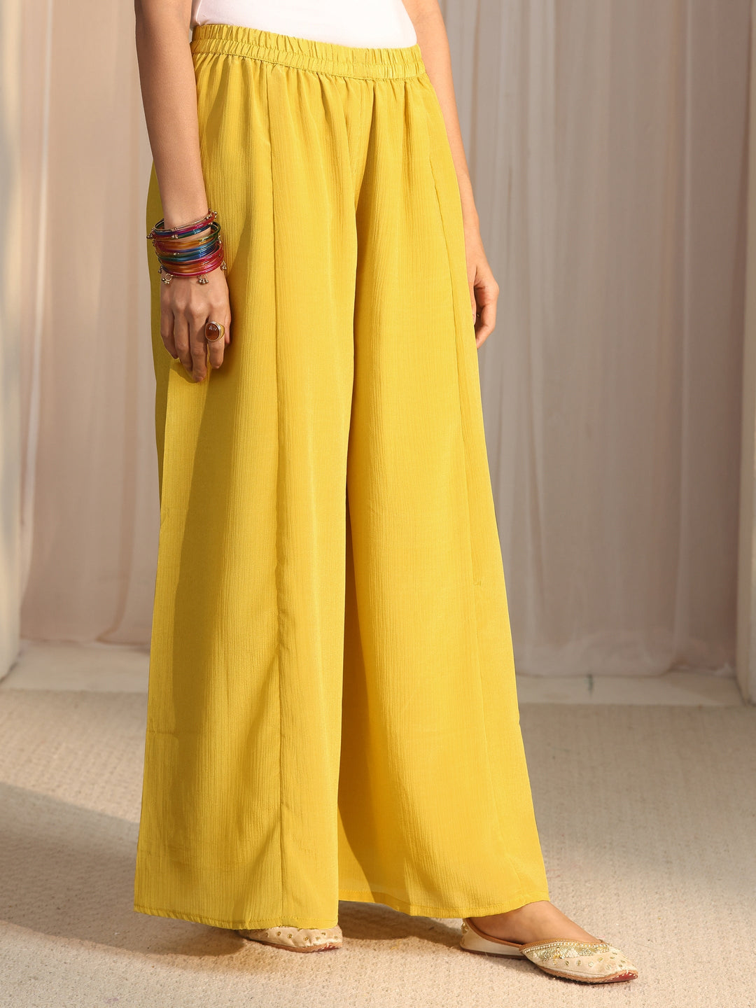 Libas Yellow Floral Embroidered Chinon Palazzo Suit Set