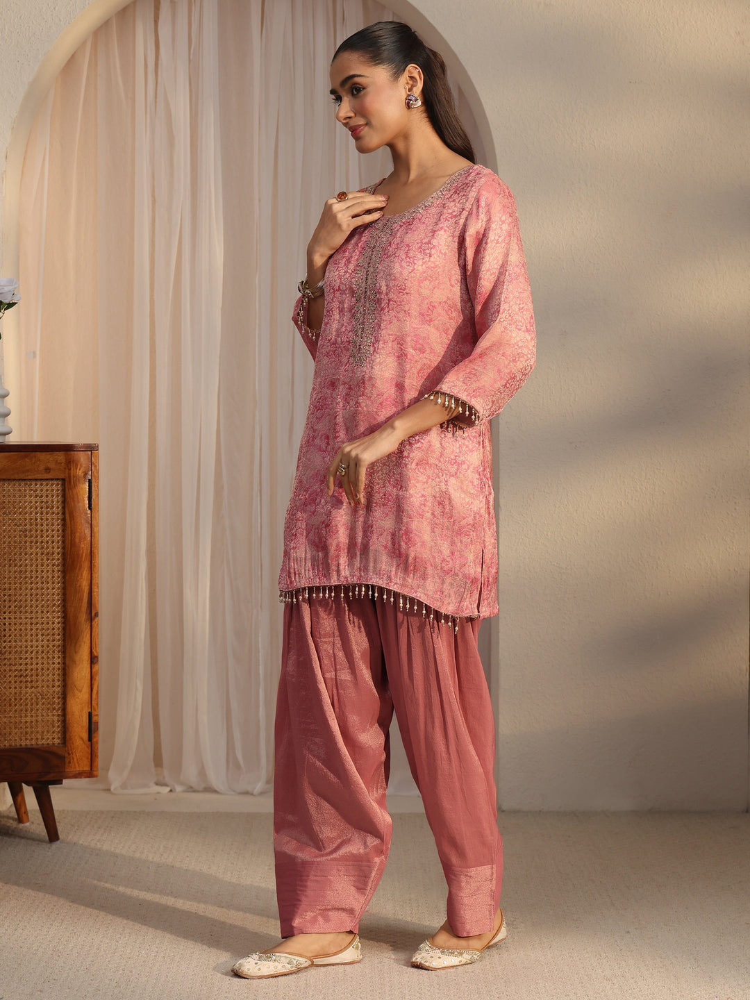 Libas Pink Embellished Silk Blend Farshi Salwar Suit