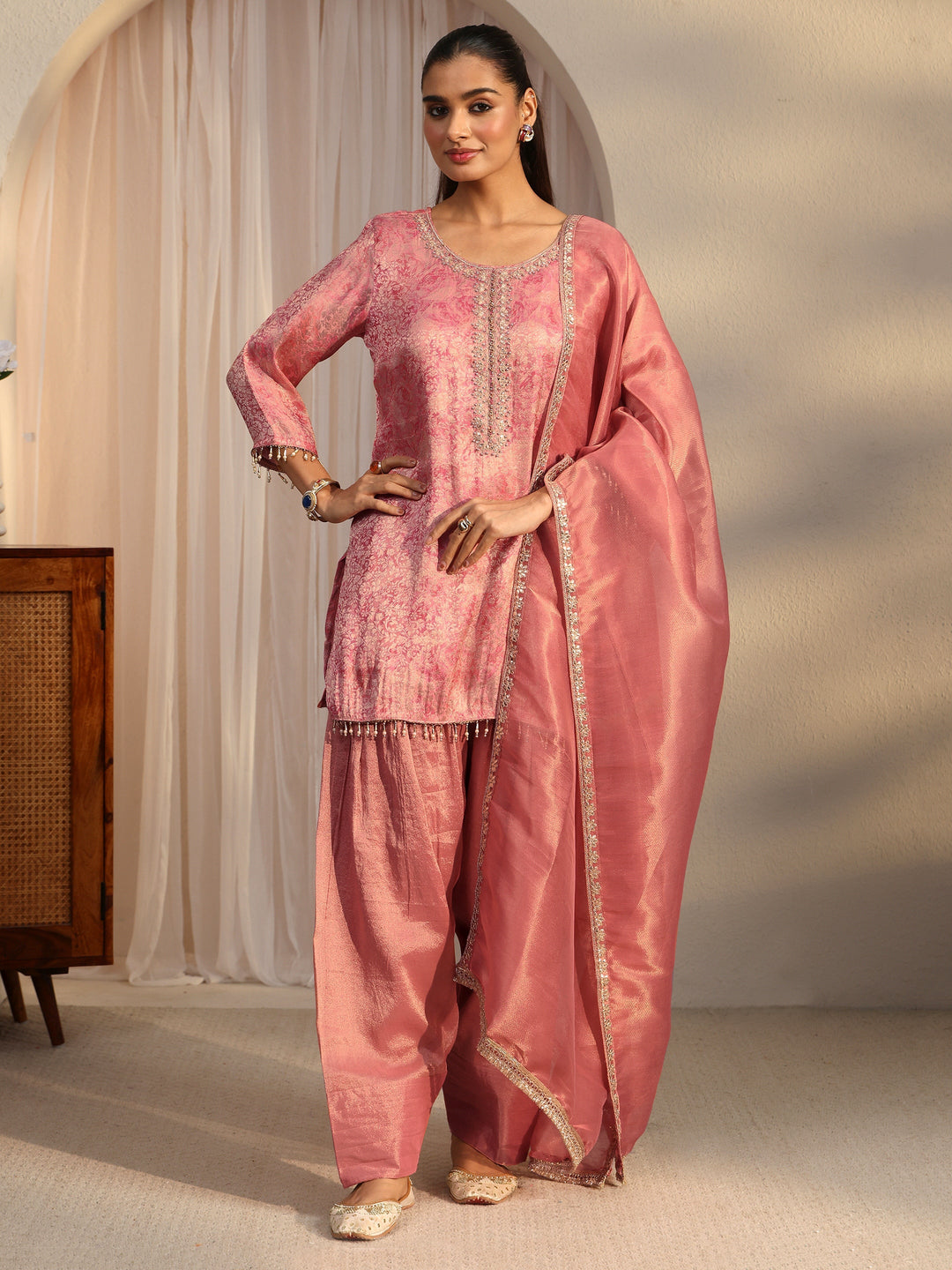 Libas Pink Embellished Silk Blend Farshi Salwar Suit