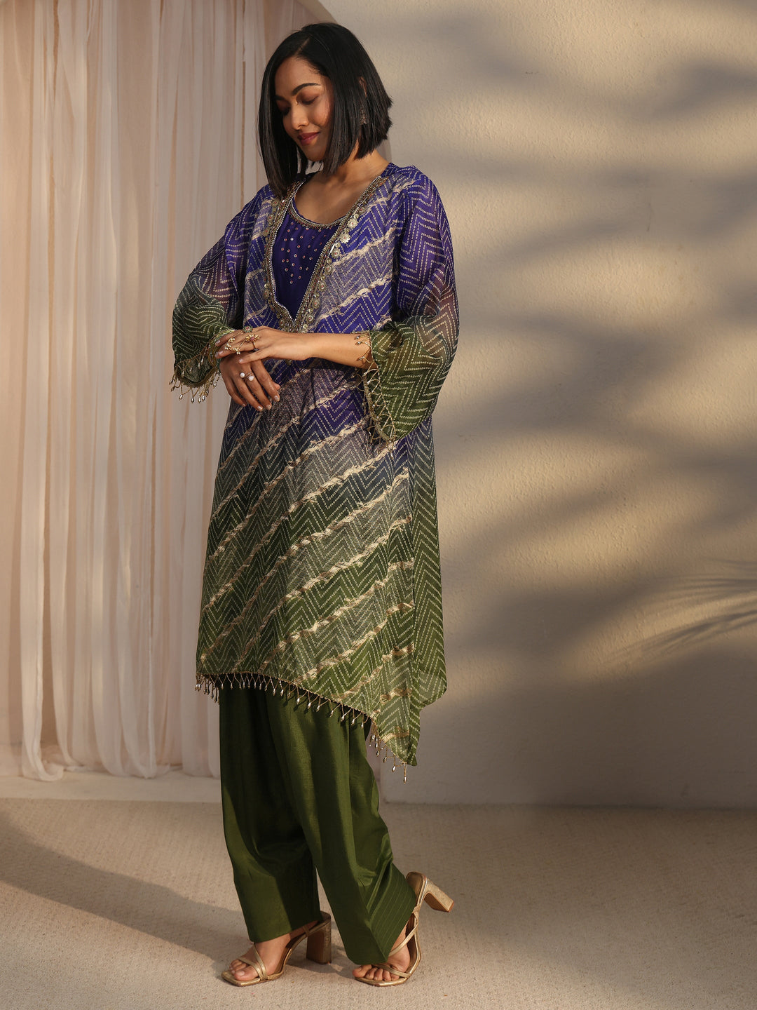 Libas Green Bandhani Printed Organza Farshi Salwar Suit