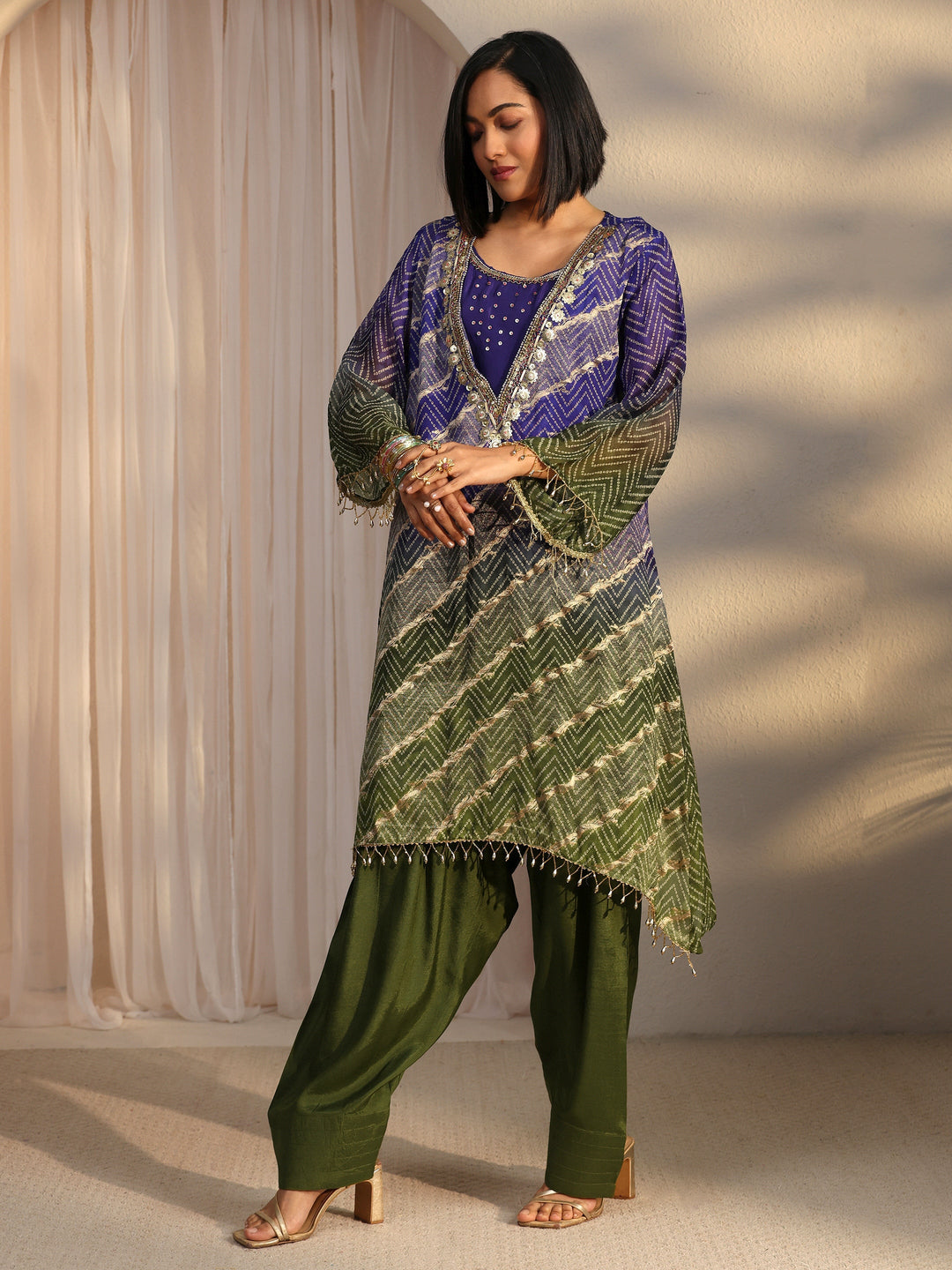 Libas Green Bandhani Printed Organza Farshi Salwar Suit
