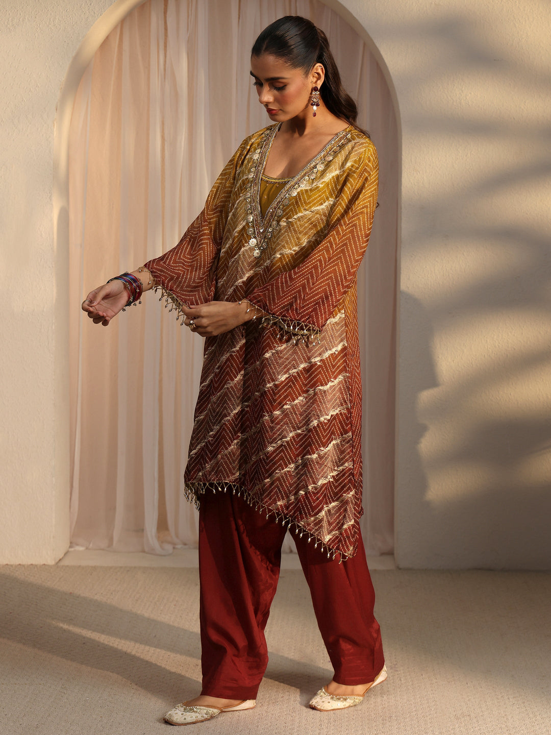 Libas Rust Brown Bandhani Printed Organza Farshi Salwar Suit