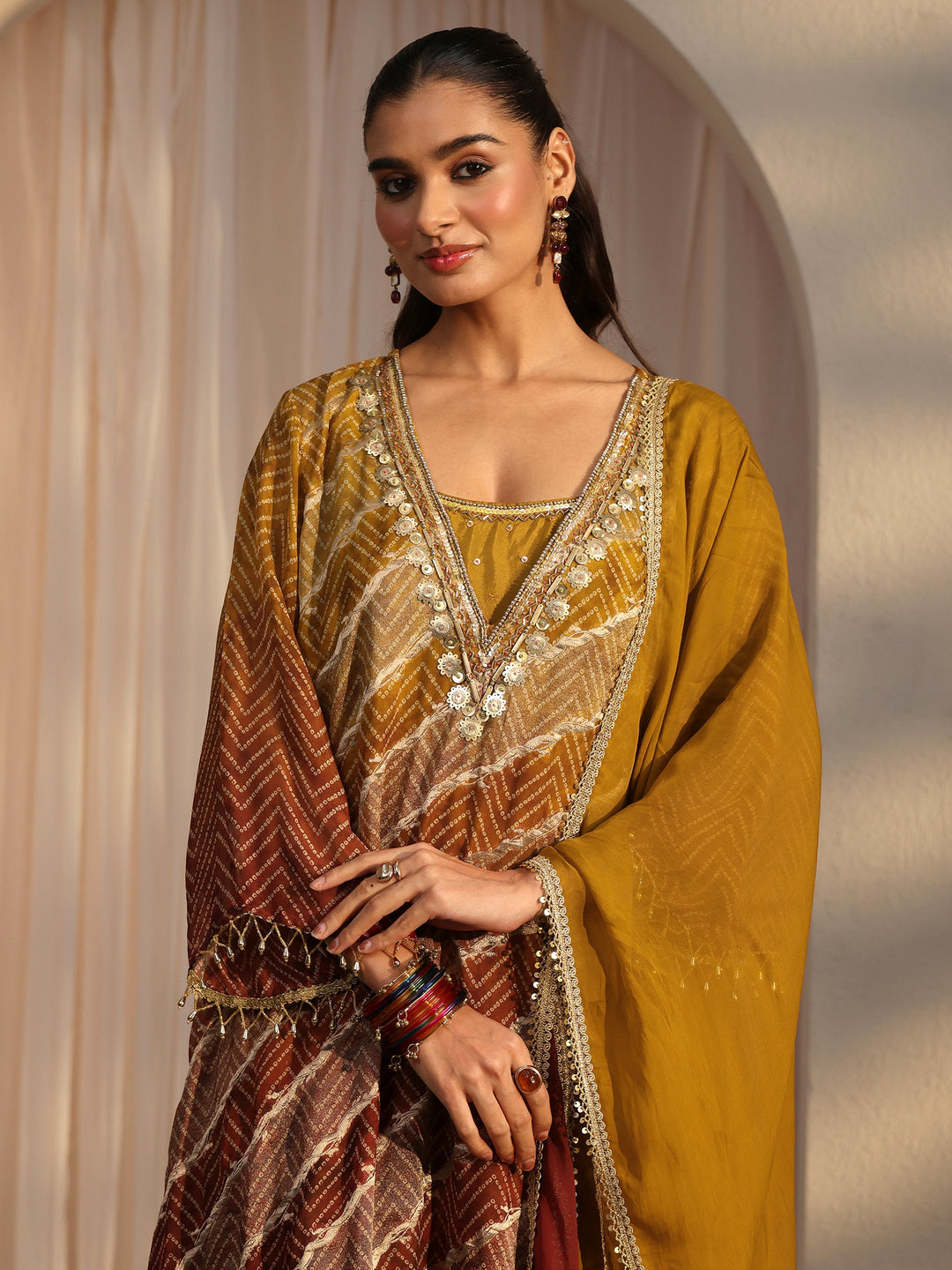 Libas Rust Brown Bandhani Printed Organza Farshi Salwar Suit