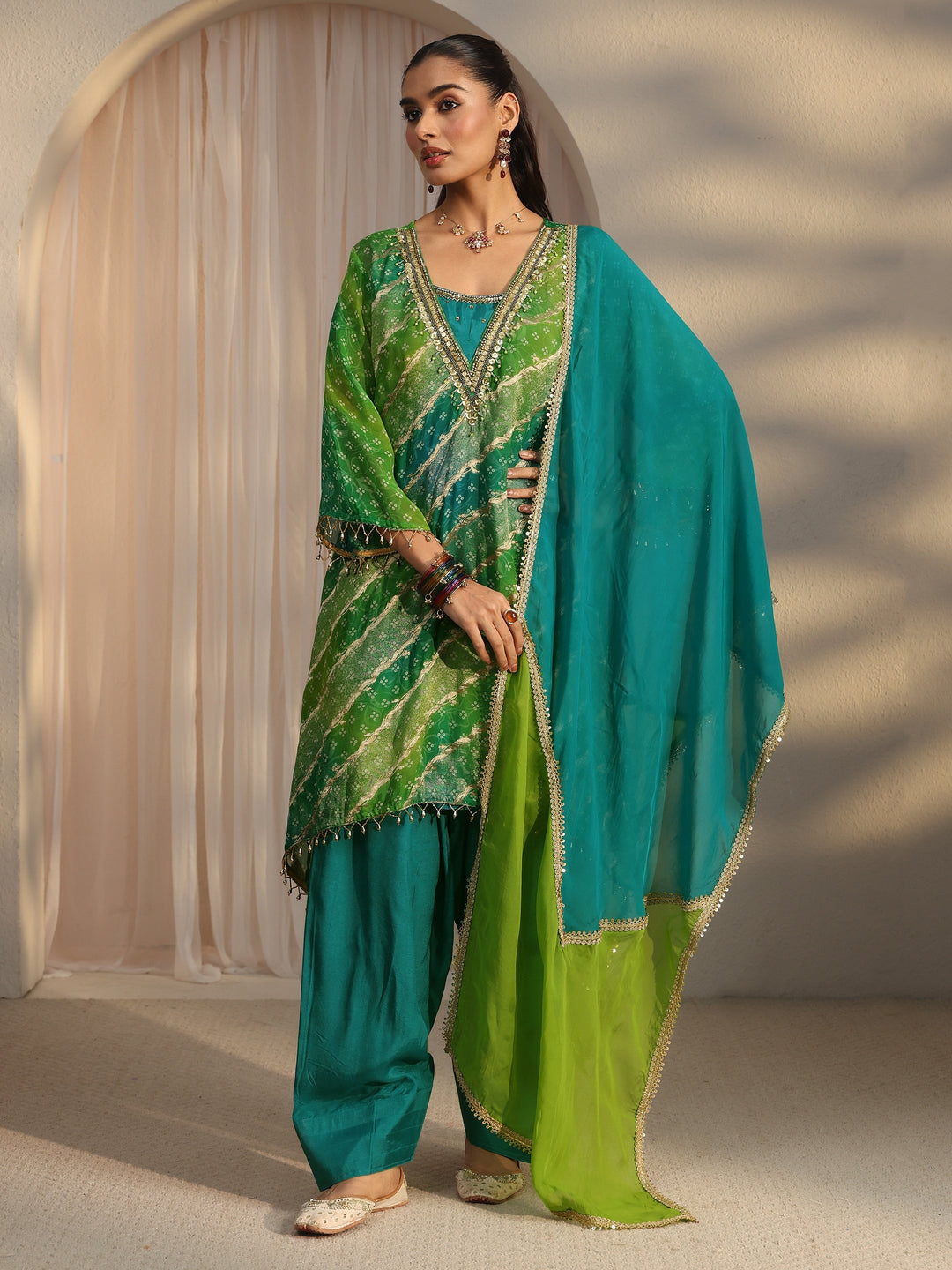 Libas Green Bandhani Printed Organza Farshi Salwar Suit