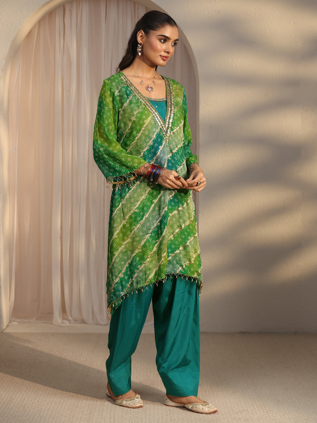 Libas Green Bandhani Printed Organza Farshi Salwar Suit
