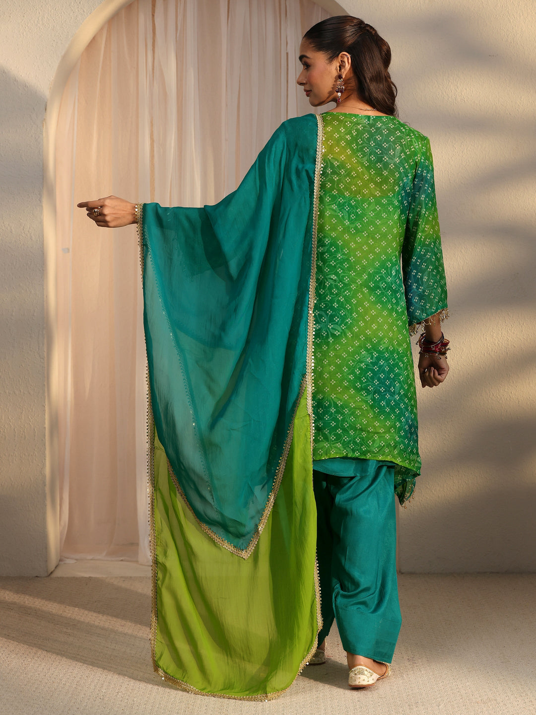 Libas Green Bandhani Printed Organza Farshi Salwar Suit