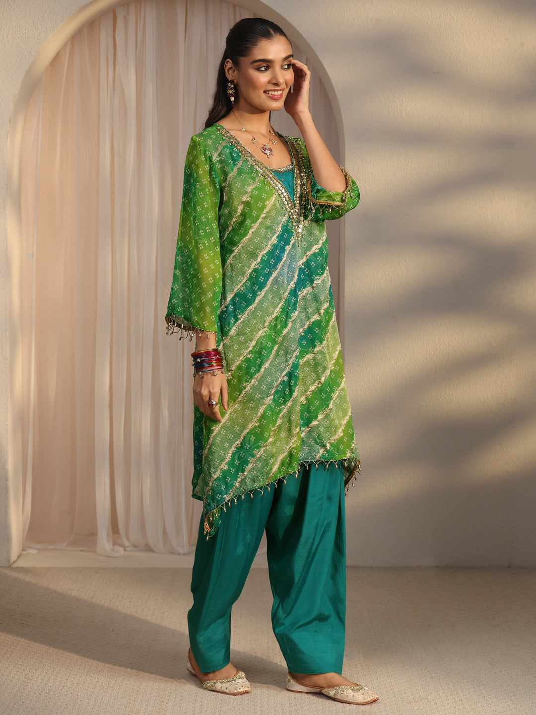 Libas Green Bandhani Printed Organza Farshi Salwar Suit
