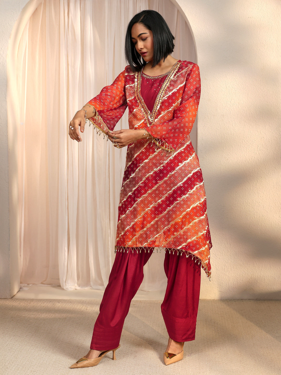 Libas Orange Bandhani Printed Organza Farshi Salwar Suit