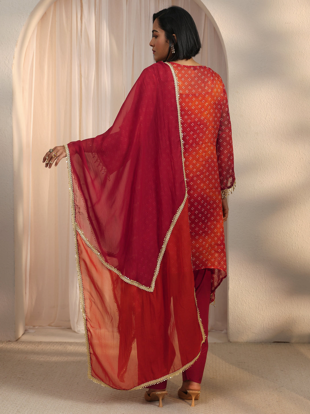 Libas Orange Bandhani Printed Organza Farshi Salwar Suit