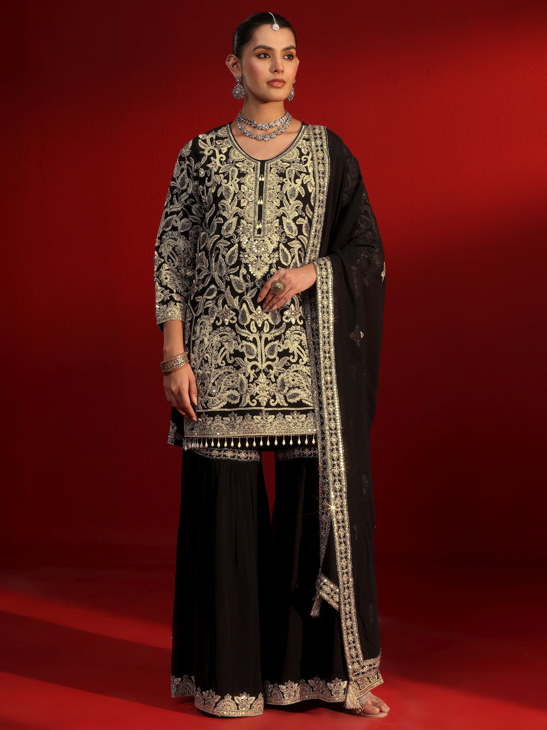Libas Art Black Embellished Georgette Sharara Suit Set