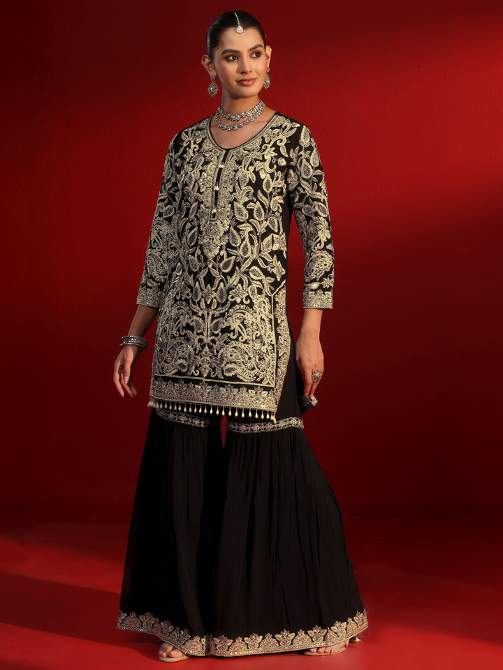 Libas Art Black Embellished Georgette Sharara Suit Set
