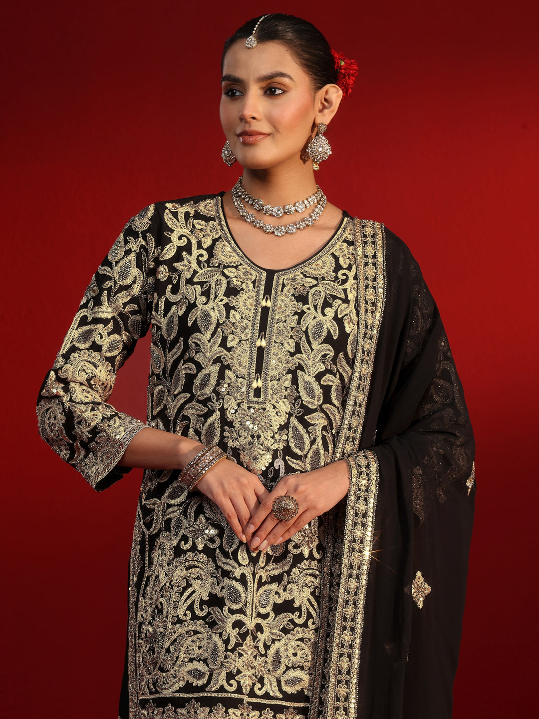 Libas Art Black Embellished Georgette Sharara Suit Set