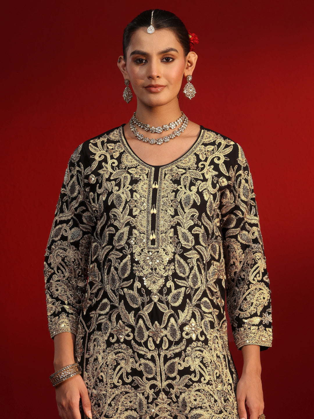 Libas Art Black Embellished Georgette Sharara Suit Set