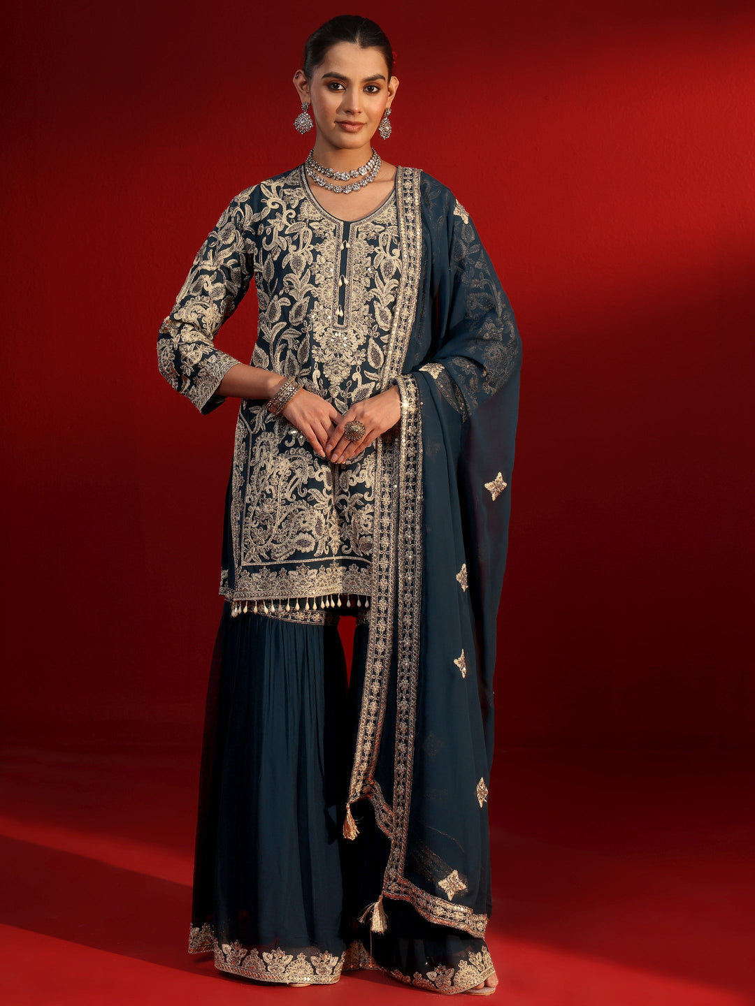 Libas Art Navy Blue Embellished Georgette Sharara Suit Set