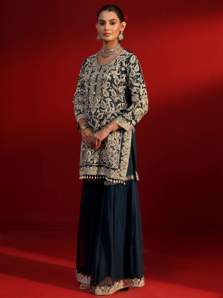 Libas Art Navy Blue Embellished Georgette Sharara Suit Set