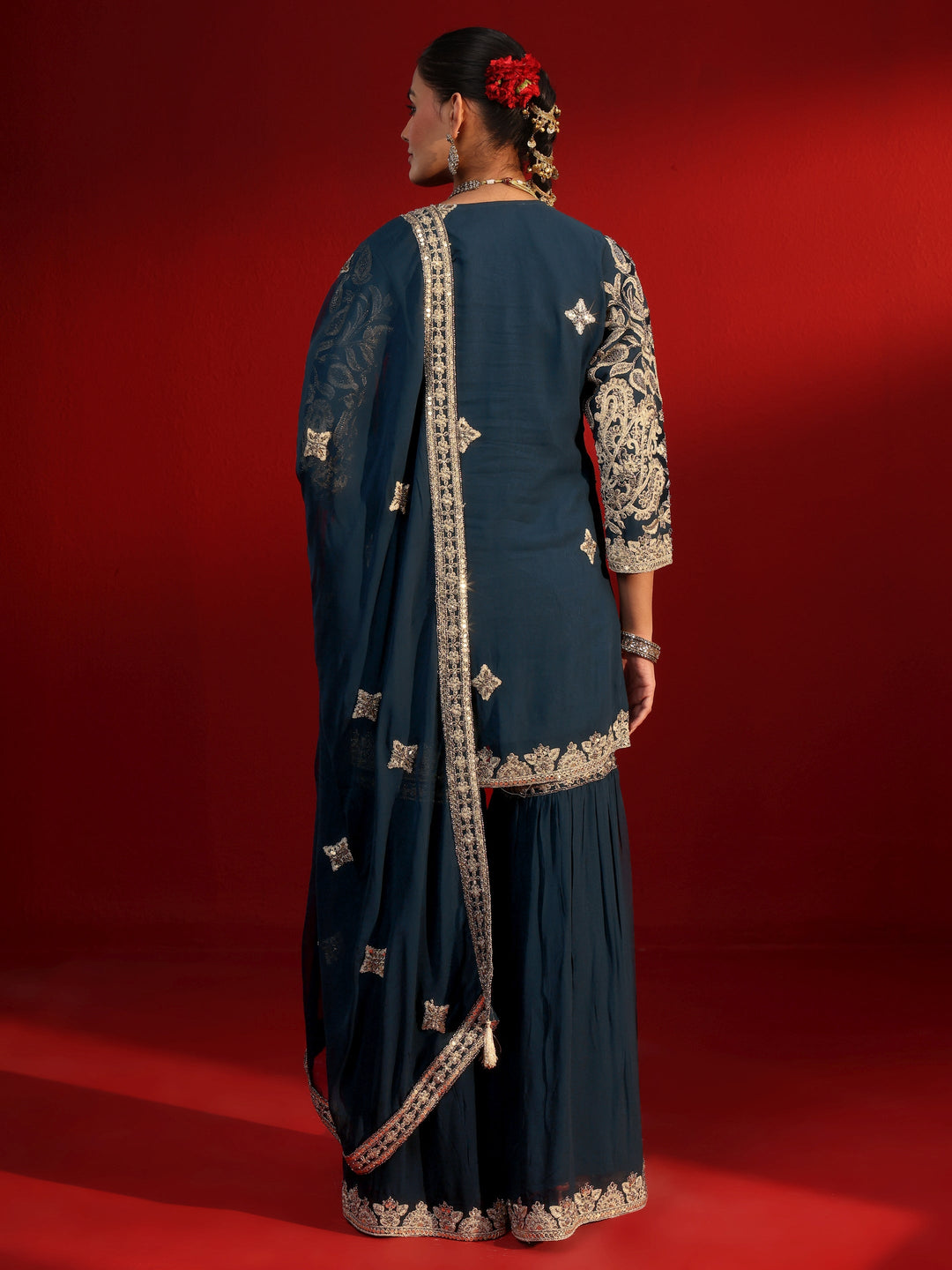 Libas Art Navy Blue Embellished Georgette Sharara Suit Set