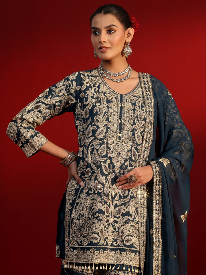 Libas Art Navy Blue Embellished Georgette Sharara Suit Set
