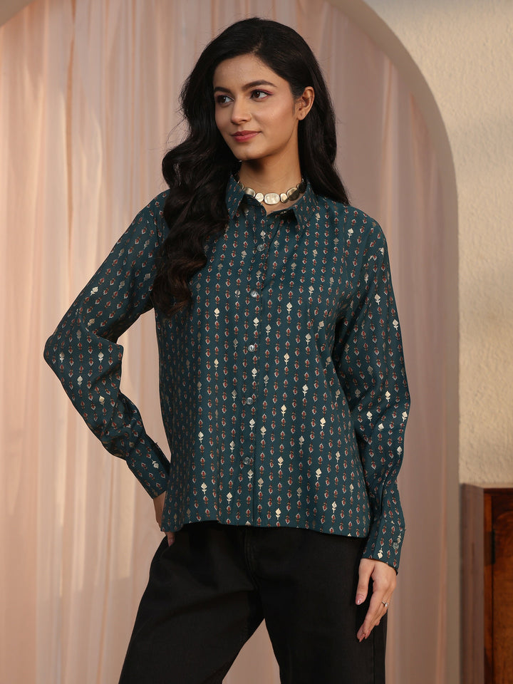 Libas Blue Floral Printed Silk Blend Shirt