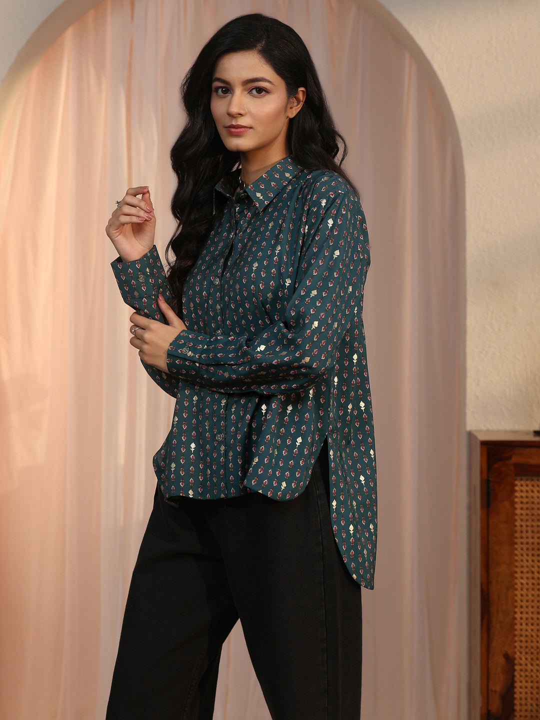 Libas Blue Floral Printed Silk Blend Shirt