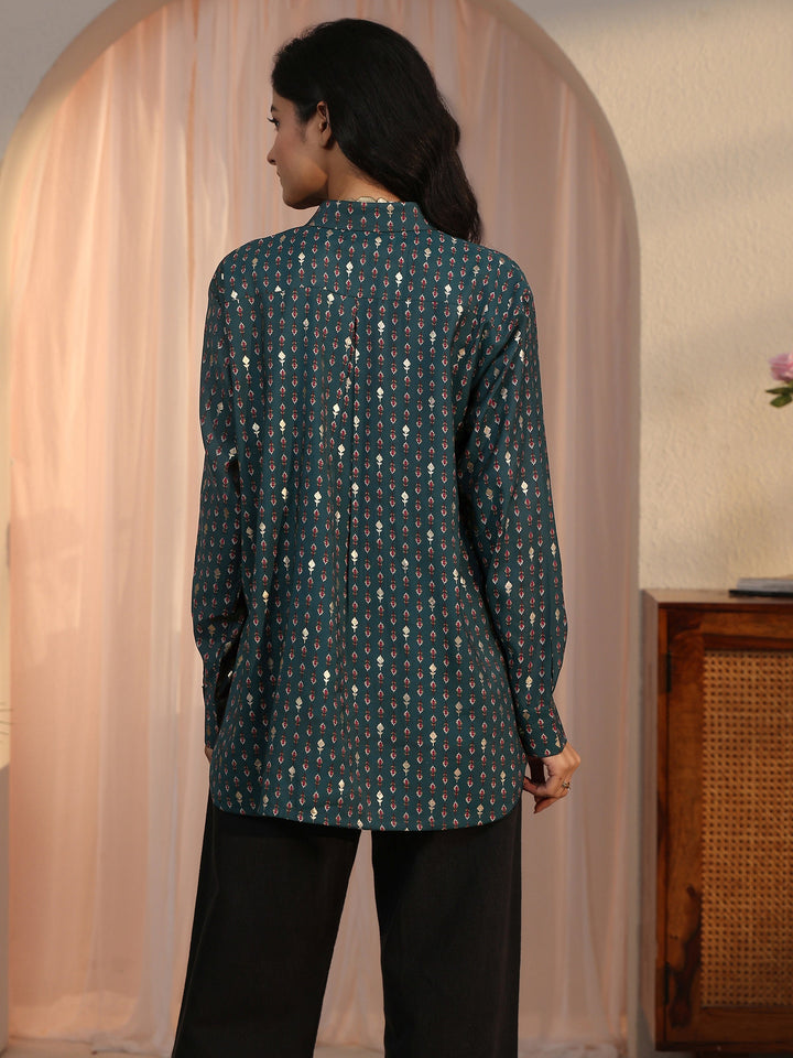 Libas Blue Floral Printed Silk Blend Shirt